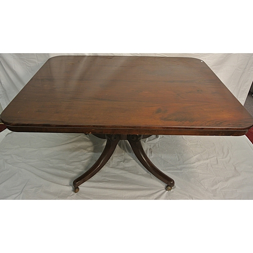 480 - Victorian mahogany square dining or library table with tip-up top, turned column, on hipped quadrapo... 