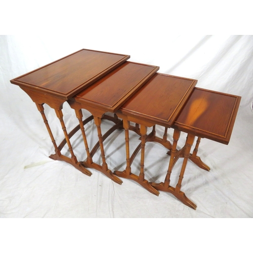 481 - Edwardian yew quartetto nest of 4 graduating tables with raised rims, turned columns, on bracket fee... 