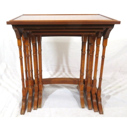 481 - Edwardian yew quartetto nest of 4 graduating tables with raised rims, turned columns, on bracket fee... 