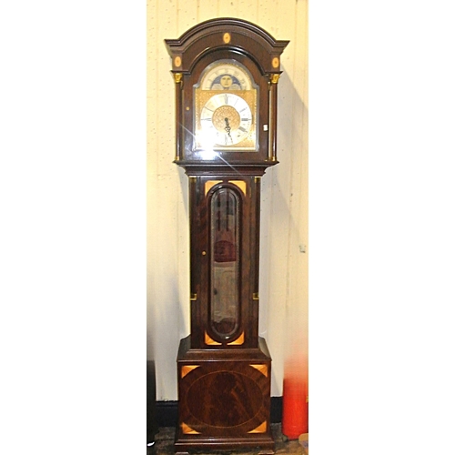 483 - Domed topped inlaid mahogany longcase clock with foliate decorated dial, moving moon dial, brass pen... 