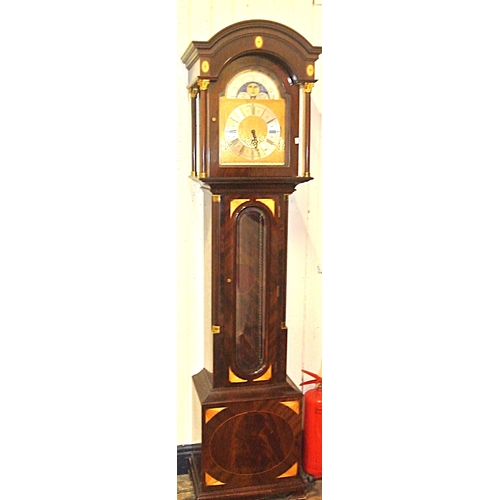 483 - Domed topped inlaid mahogany longcase clock with foliate decorated dial, moving moon dial, brass pen... 