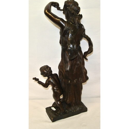 485 - French style bronzed figure of a lady with flowers, & a cherub, on shaped base