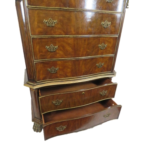 486 - French style walnut serpentine fronted chest on chest with decorated frieze, 6 drawers, brass pierce... 