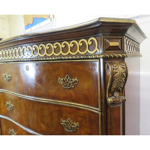 486 - French style walnut serpentine fronted chest on chest with decorated frieze, 6 drawers, brass pierce... 
