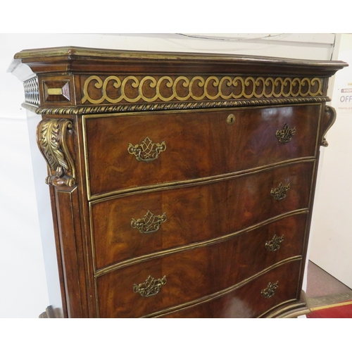 486 - French style walnut serpentine fronted chest on chest with decorated frieze, 6 drawers, brass pierce... 