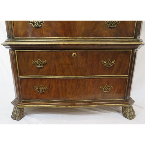 486 - French style walnut serpentine fronted chest on chest with decorated frieze, 6 drawers, brass pierce... 