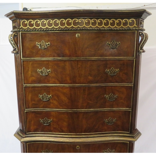 486 - French style walnut serpentine fronted chest on chest with decorated frieze, 6 drawers, brass pierce... 