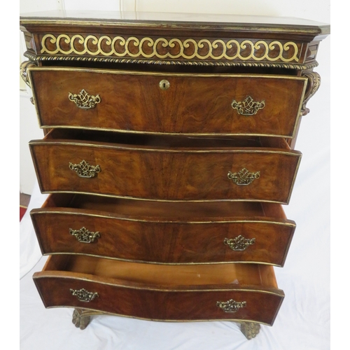486 - French style walnut serpentine fronted chest on chest with decorated frieze, 6 drawers, brass pierce... 