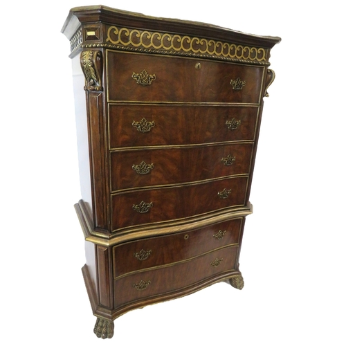 486 - French style walnut serpentine fronted chest on chest with decorated frieze, 6 drawers, brass pierce... 