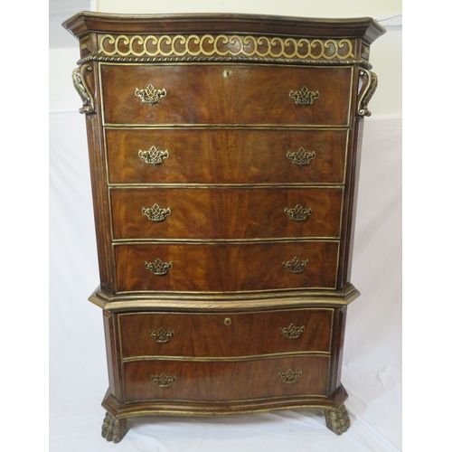 486 - French style walnut serpentine fronted chest on chest with decorated frieze, 6 drawers, brass pierce... 