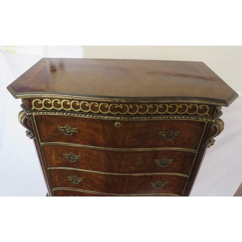 486 - French style walnut serpentine fronted chest on chest with decorated frieze, 6 drawers, brass pierce... 