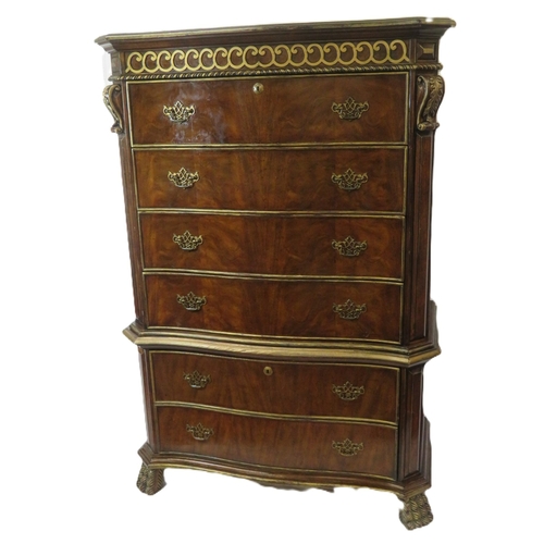 486 - French style walnut serpentine fronted chest on chest with decorated frieze, 6 drawers, brass pierce... 