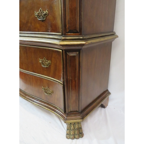 486 - French style walnut serpentine fronted chest on chest with decorated frieze, 6 drawers, brass pierce... 