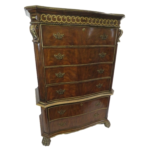 486 - French style walnut serpentine fronted chest on chest with decorated frieze, 6 drawers, brass pierce... 