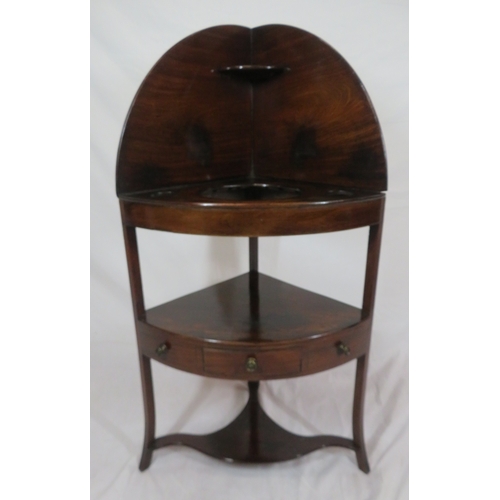 493 - Edwardian mahogany 2 tier bow fronted corner wash stand with raised back, frieze drawer, brass handl... 