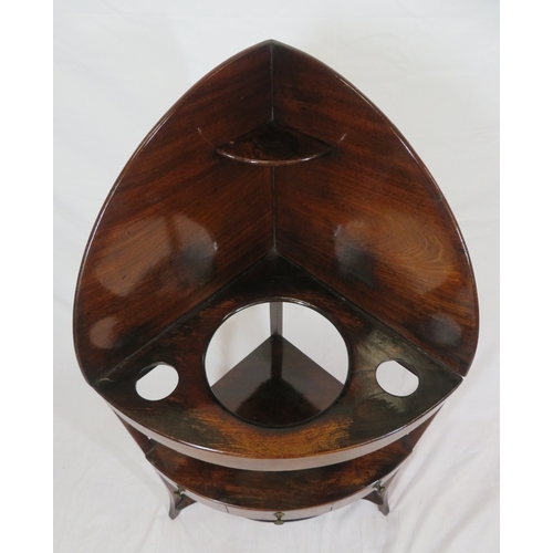 493 - Edwardian mahogany 2 tier bow fronted corner wash stand with raised back, frieze drawer, brass handl... 
