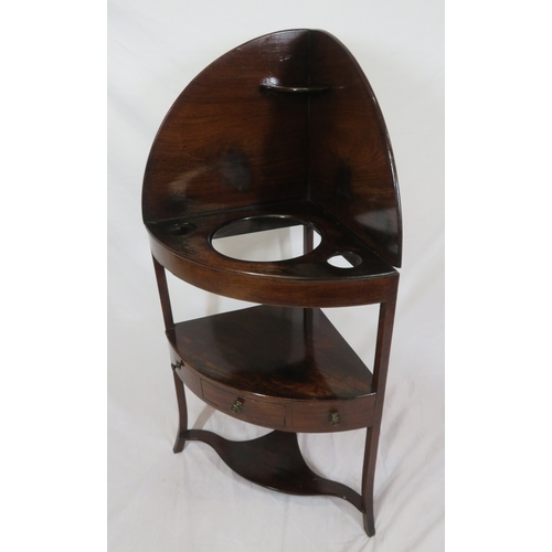 493 - Edwardian mahogany 2 tier bow fronted corner wash stand with raised back, frieze drawer, brass handl... 