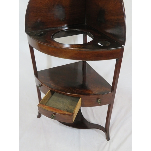 493 - Edwardian mahogany 2 tier bow fronted corner wash stand with raised back, frieze drawer, brass handl... 
