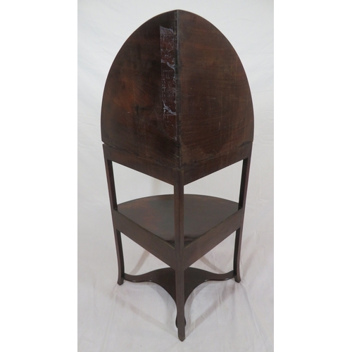 493 - Edwardian mahogany 2 tier bow fronted corner wash stand with raised back, frieze drawer, brass handl... 