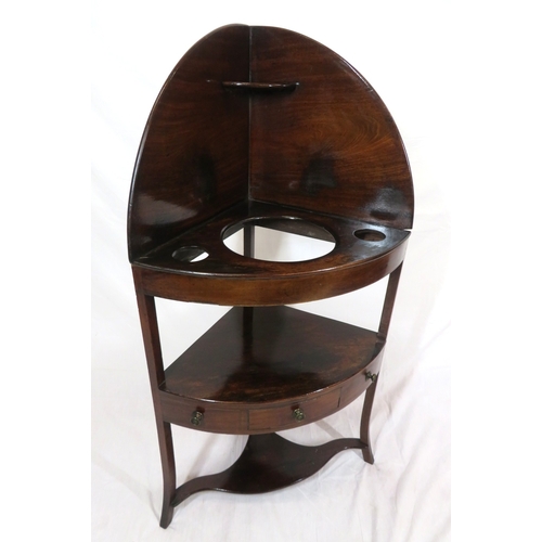 493 - Edwardian mahogany 2 tier bow fronted corner wash stand with raised back, frieze drawer, brass handl... 