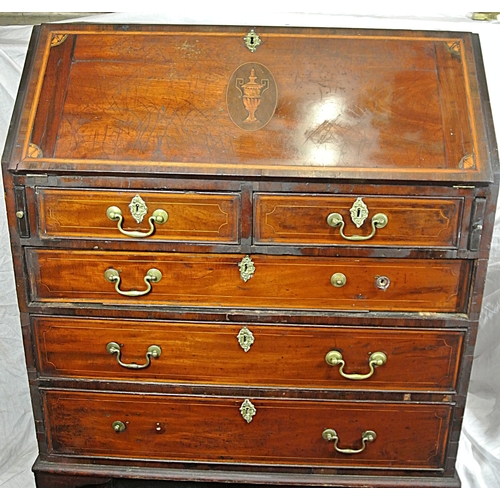 495 - Georgian Sheraton style inlaid mahogany bureau with blackwood string & urn inlay, drop-down front wi... 