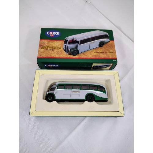 84 - 2x Corgi Bus Die Cast Models to include Grey Green A. E. C. Regal (97180) & Bedford OB Coach Souther... 