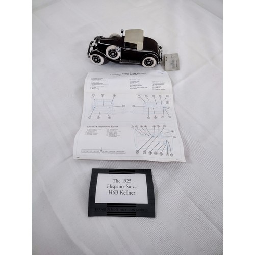 87 - Franklin Mint Precision Models Die Cast 1925 Hispano-Suiza H6B Kellner with Paperwork (No Box)