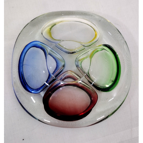 21 - Vintage Retro 4-section Colourful Glass Ashtray / Dish 1960s Art Glass