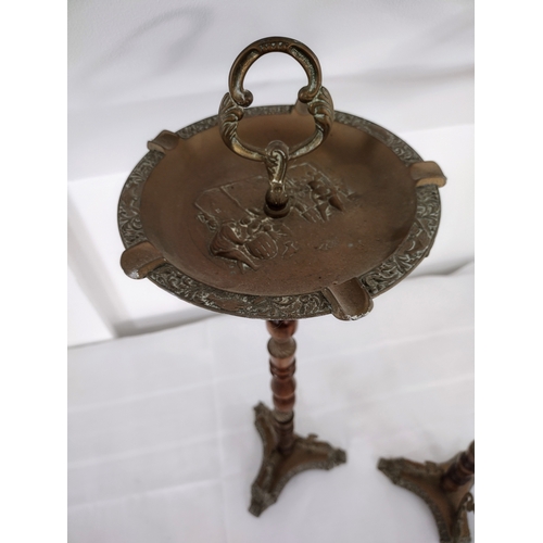 37 - Pair of Antique Brass and Turned Oak Cigarette Ashtray Stands  Approx 27