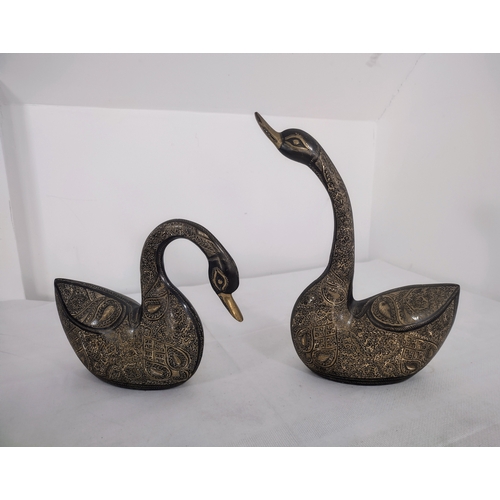 26 - Hand-Etched Brass Geese Figurines with Intricate Golden Engraving Mid Century possibly Indian in Ori... 