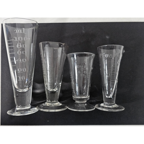 43 - Vintage Pharmacy: Collection of 4 Engraved Measuring Glasses