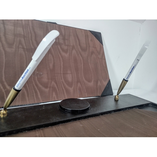 64 - Vintage Desk Writing Pads/Blotters Featuring Dual Brass Pen Holders and Leather Effect Finish Two Br... 