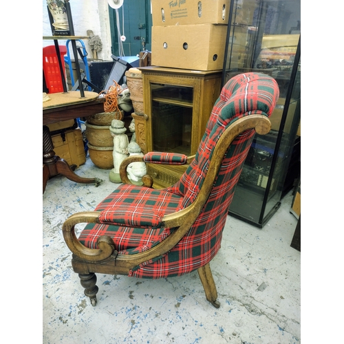 77 - Victorian Arm Chair with Turned Legs and Modern Tartan Upholstery