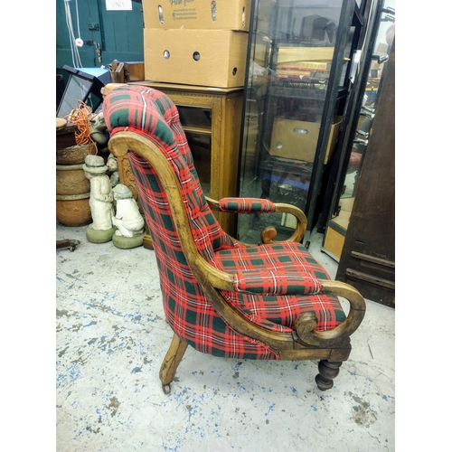 77 - Victorian Arm Chair with Turned Legs and Modern Tartan Upholstery