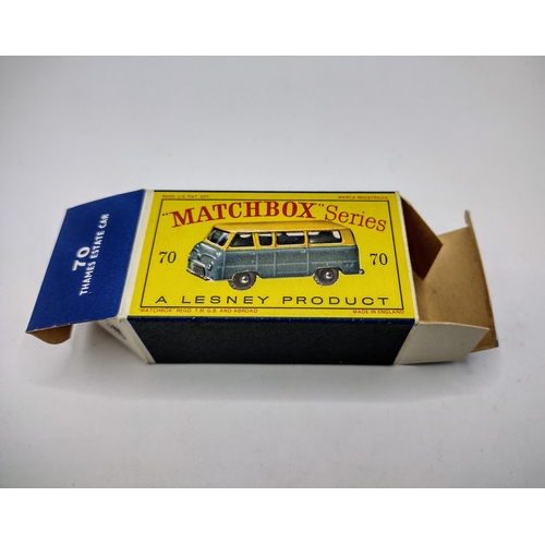 100 - Vintage Matchbox 70a Ford Thames Estate Car - Black plastic wheels, green windows. Type E Box.