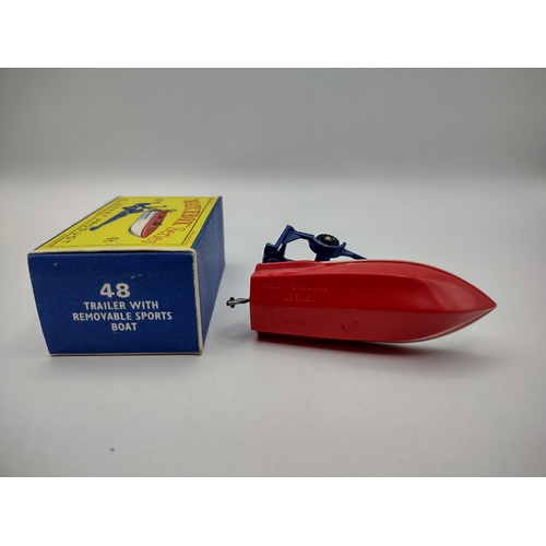 103 - Vintagae Matchbox 48b Sports Boat - Red/White (BPW) Blue Trailer . Type 3 Box