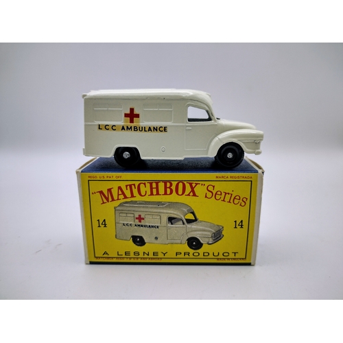 105 - Vintage Matchbox 14c Bedford Lomas Ambulance - LCC logo and Red Cross. Black Plastic Wheels. Type 3 ... 