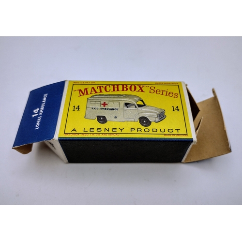 105 - Vintage Matchbox 14c Bedford Lomas Ambulance - LCC logo and Red Cross. Black Plastic Wheels. Type 3 ... 