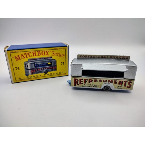 107 - Vintage Matchbox 74a Mobile Refreshments Bar - Silver Body, Lt Blue Base, Black Plas. Wheels with op... 