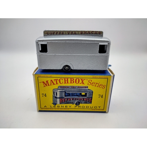 107 - Vintage Matchbox 74a Mobile Refreshments Bar - Silver Body, Lt Blue Base, Black Plas. Wheels with op... 