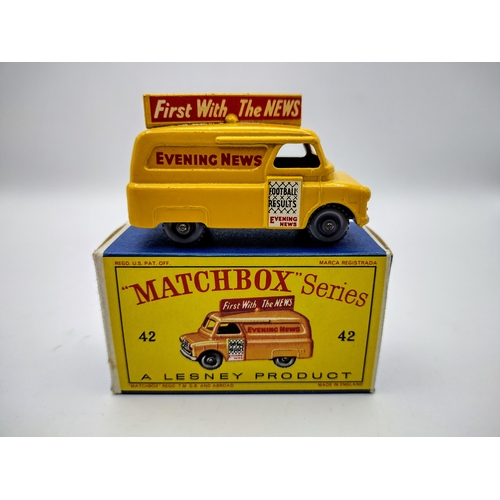 109 - Vintage Matchbox 42a Evening News Van - Grey Plas. Wheels with 24 treads. Type 3 Box.