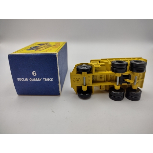 110 - Vintage Matchbox 6c Euclid Dumper - 10 Black Plastic Wheels. Type 3 Box