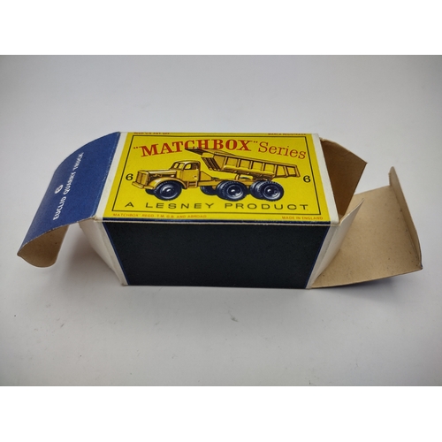 110 - Vintage Matchbox 6c Euclid Dumper - 10 Black Plastic Wheels. Type 3 Box