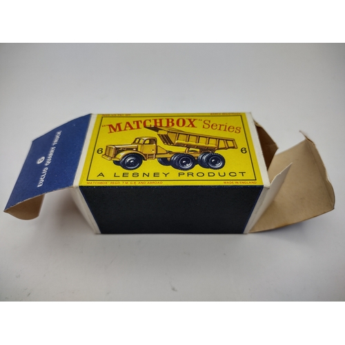 110 - Vintage Matchbox 6c Euclid Dumper - 10 Black Plastic Wheels. Type 3 Box