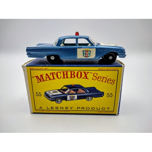 111 - Vintage Matchbox 55b Ford Fairlane Police Car - With crests, black plastic wheels. Type 3 Box