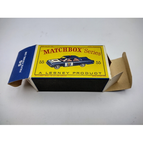 111 - Vintage Matchbox 55b Ford Fairlane Police Car - With crests, black plastic wheels. Type 3 Box