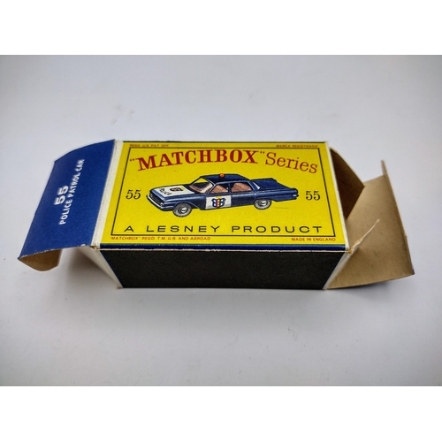 111 - Vintage Matchbox 55b Ford Fairlane Police Car - With crests, black plastic wheels. Type 3 Box