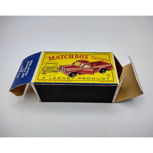 112 - Vintage Matchbox 71b Jeep Gladiator Pick Up - White interior. Type 3 Box