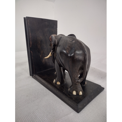 148 - Pair Ceylonese Coromandel Elephant Bookends- Hand-Carved Wood, Horn Tusks