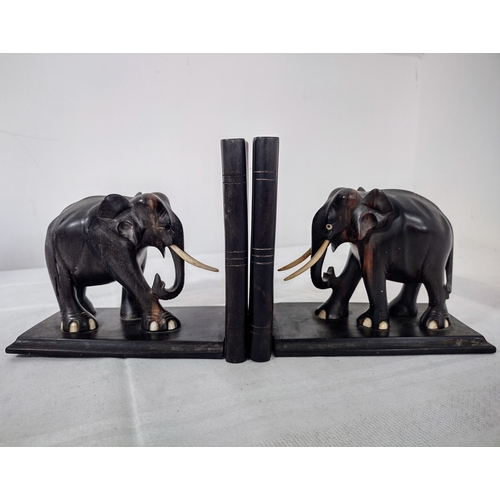 148 - Pair Ceylonese Coromandel Elephant Bookends- Hand-Carved Wood, Horn Tusks